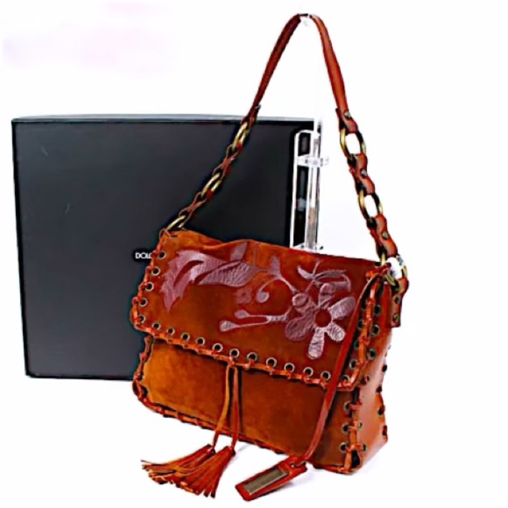 Authentic Vintage Dolce & Gabbana Suede Floral Riveted Tassels Shoulder Bag